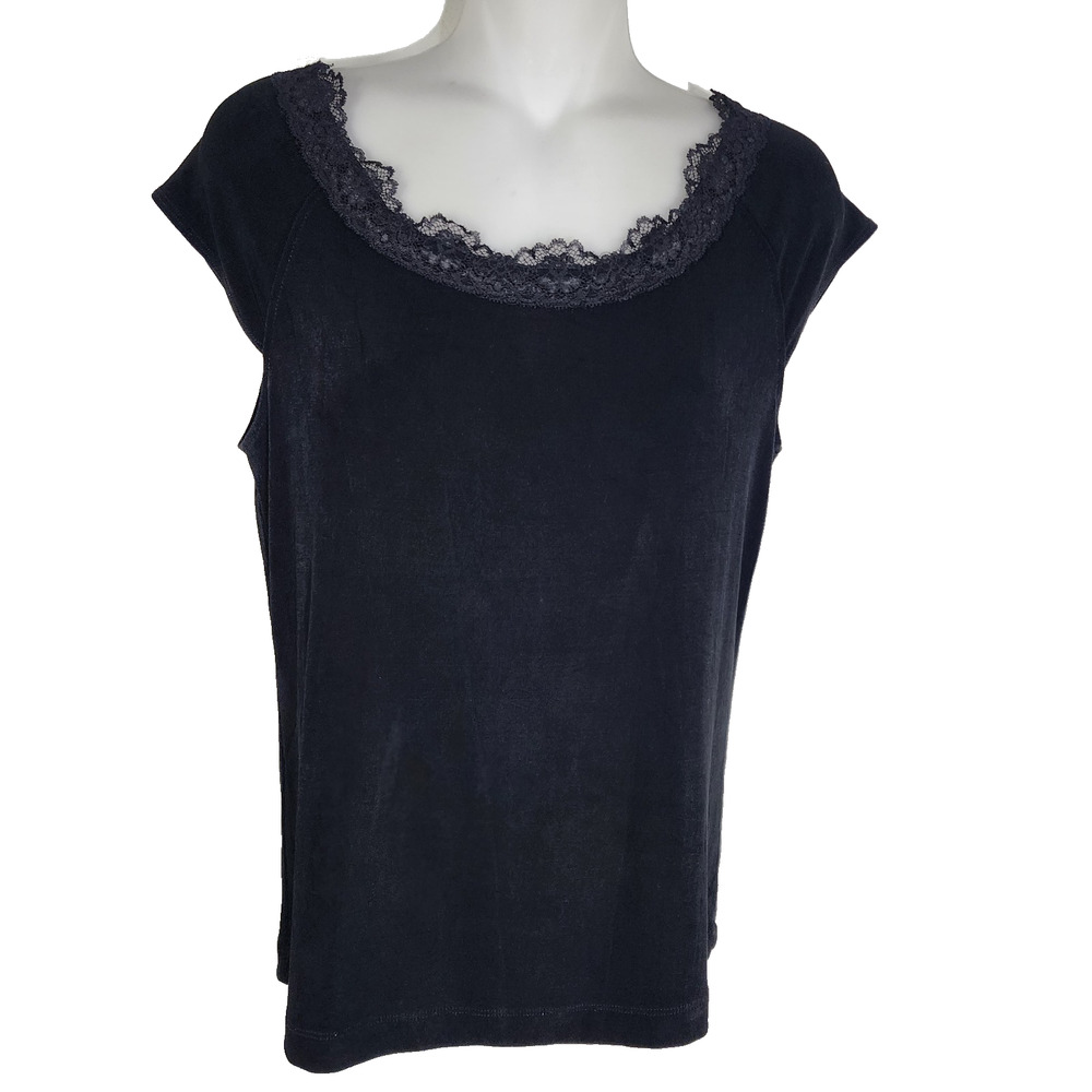 Chico’s Travelers Women’s Top Small Black Slinky Knit Cap Sleeve Lace Scoop Neck